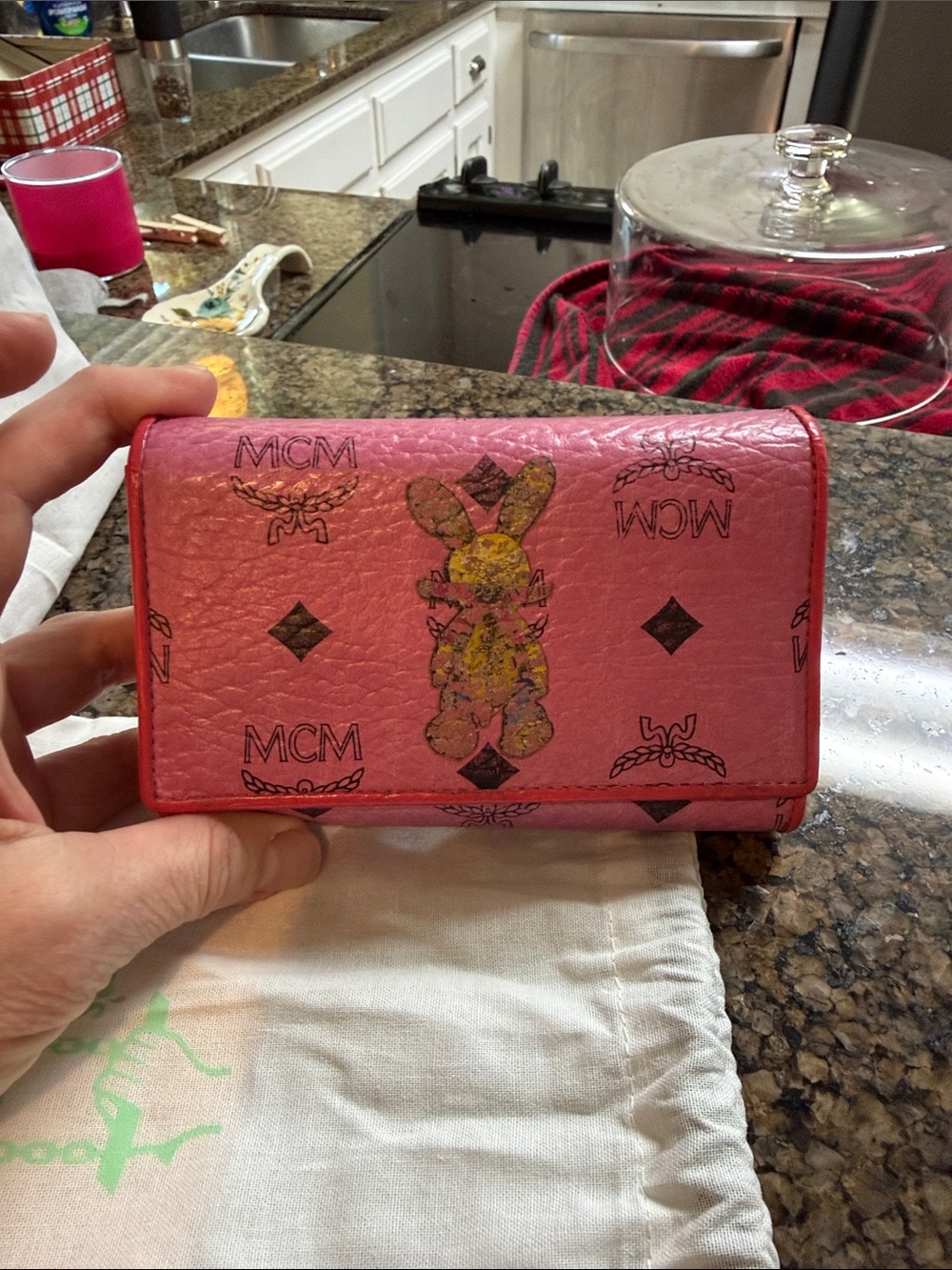 MCM Pink Monogram Bunny Bifold Wallet with Yellow Accent